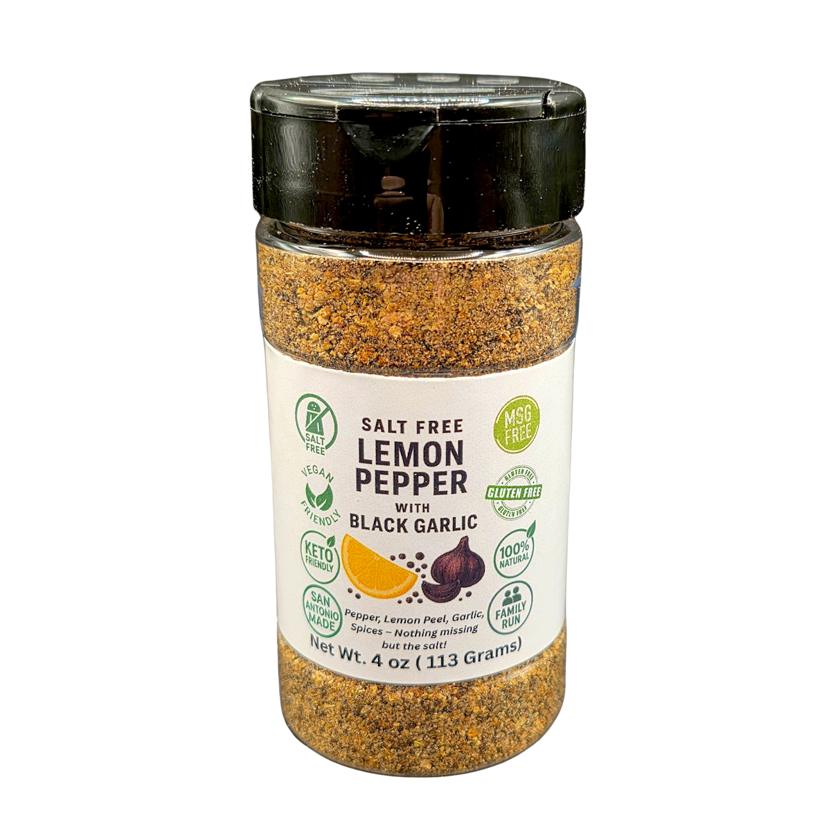 Salt Free Lemon Pepper w/ Black Garlic 4oz Shaker Bottle